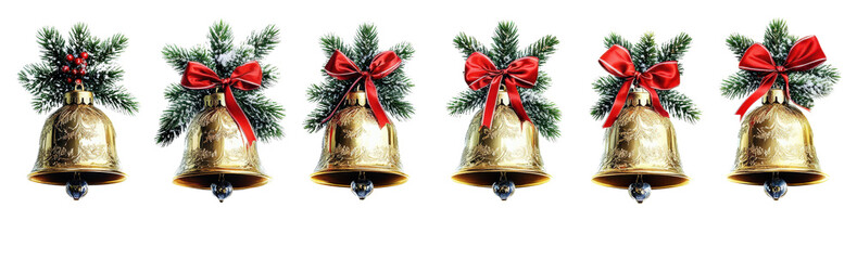 Six Golden Christmas Bells with Red Bows and Pine Branches