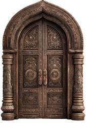 Ornate Wooden Double Door with Arched Top and Columns