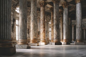 Fototapeta premium Classical architectural interior showcasing marble columns and aged stone