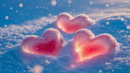 Glowing pink hearts in snow romantic winter Valentine background with soft bokeh