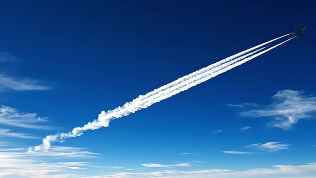 Dramatic airplane contrails streak across a vibrant blue sky with scattered clouds symbolizing travel speed and modern transportation against a dark background