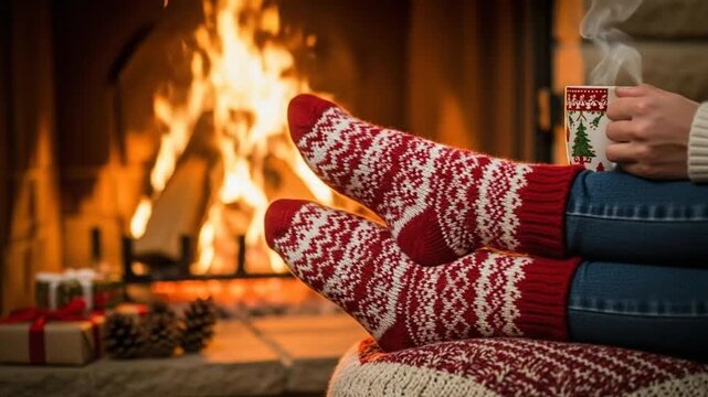 Cozy winter evening by fireplace, feet in warm socks holding hot drink, Christmas atmosphere
