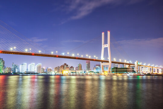  Illuminated Modern Suspension Bridge, Shanghai, China
