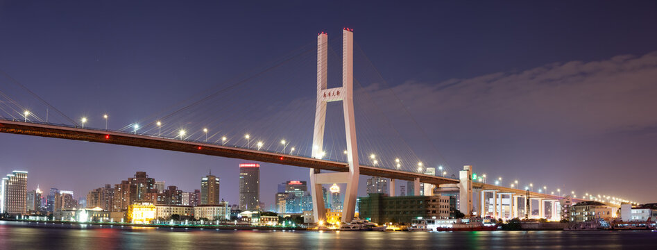 Panoramic of Illuminated Modern Suspension Bridge, Shanghai, China
