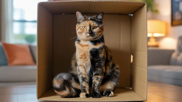 Beautiful tortoiseshell cat playing in colorful autumn leaves