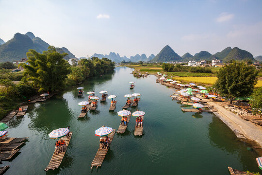 Bamboo boats on Li river with famous karst peaks, Guilin, China