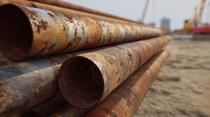 Rusty metal pipes stacked at construction site