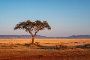 Obraz premium Alone acacia tree on open savanna in Tanzania, warm sunset over distant hills