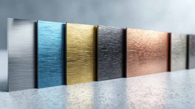 3D rendered concept of metal coating samples showing brushed steel, brass, copper, titanium, anodized aluminum, and black chrome finishes on a clean display