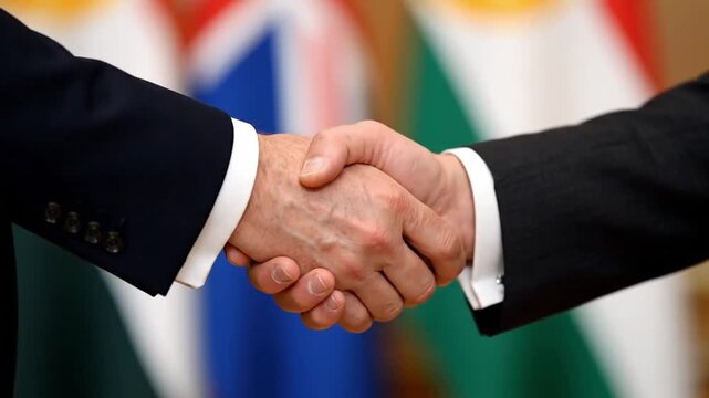 Powerful professional handshake between two formally dressed individuals, symbolizing successful business negotiations, trust, and a solid partnership or alliance