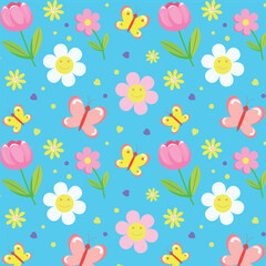 Cute Spring Seamless Pattern with Flowers and Butterflies on Blue Background