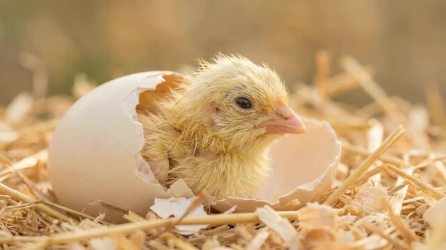Newborn chick with tender gentle mood hatching from eggshell against straw nest background