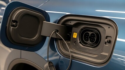Electric vehicle charging port open with a charger plugged in.