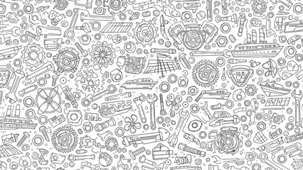 Obraz premium Black and white illustration of various mechanical objects and tools
