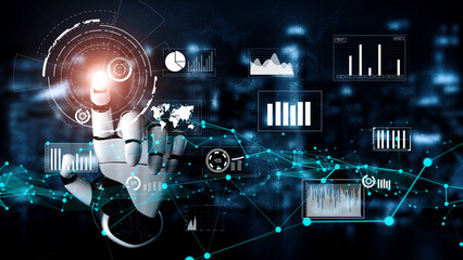 A robotic hand interacts with digital data visualizations, highlighting modern analytics and technology in a futuristic setting. Ideal for illustrating innovation. Xenic