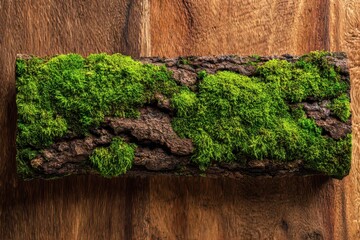 Close-up flat lay of moss-adorned tree bark on an earthy backdrop with generous area for messaging