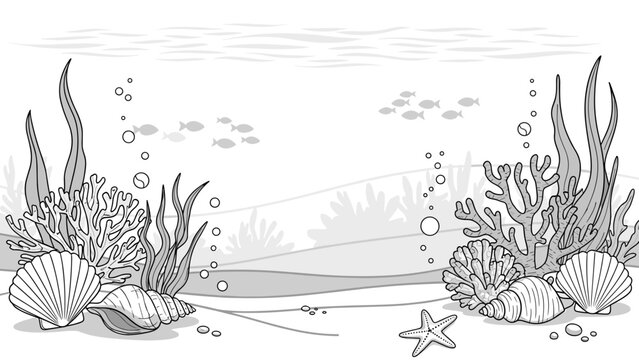 Underwater scene with seaweed and shells on the ocean floor