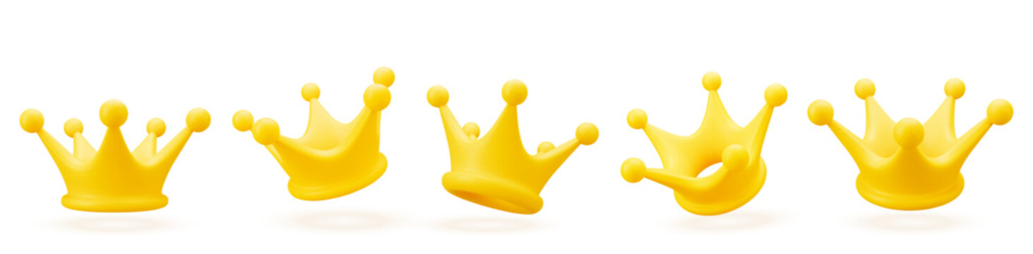 3D Gold Crown Icon Isolated on White. Render Golden Crown Symbol. Rating or Status Signs. Realistic Vector Illustration
