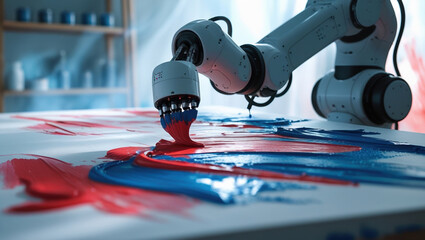 Fototapeta premium Robotic arm painting abstract artwork with red and blue strokes on canvas in a modern studio