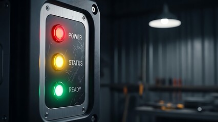 Industrial control panel with status indicator lights in a factory setting