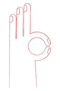 Red hand-drawn OK hand gesture icon in minimalist sketch style. Simple line illustration symbolizing approval, success, agreement, and quality. Perfect for business visuals, UI icons, presentations