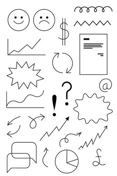 Hand-drawn business and finance icon collection featuring line art symbols for charts, growth, emotions, currency, and analytics. Perfect for infographics, presentations, and financial design projects