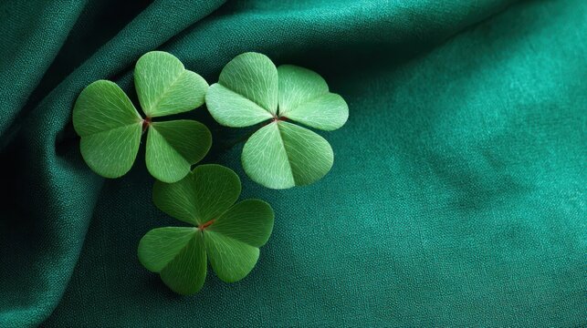 Close-up of three-leaf shamrocks on a vibrant emerald green background for festive natural branding - Powered by Adobe