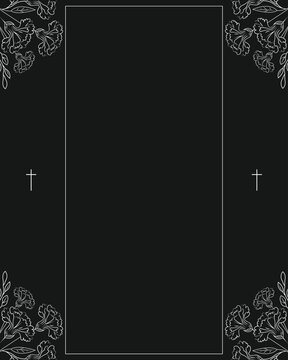 Funeral card with big photo frame and carnations. Black background.