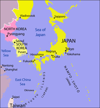 Vector political, geographical
world map. Eastern asia with regions of japan - 
hokkaido, honshu, tokyo, osaka,
ryukyu islands, yokohama, nagoya, sapporo,
hiroshima, fukuoka, okinawa, nampo shoto.