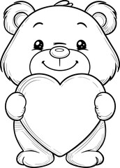 Naklejka premium Smiling teddy bear character holding a large heart outline for coloring. Vector illustration.