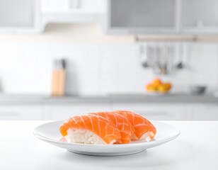 A clean white plate in a Japanese kitchen, showcasing pristine pieces of salmon nigiri sushi. The overhead shot highlights the vibrant pink and subtle orange hues of the fish