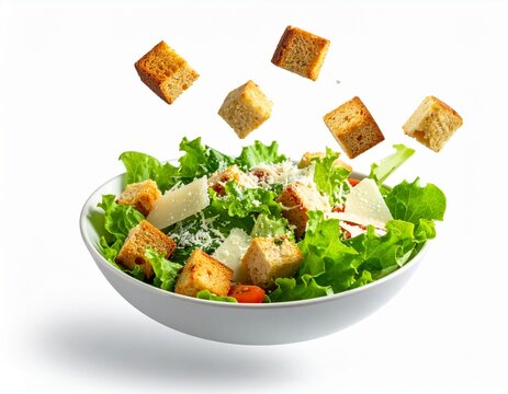 A floating, minimalist image of a Caesar salad with croutons and Parmesan cheese floating gently on a clean white background, emphasizing simplicity and freshness.