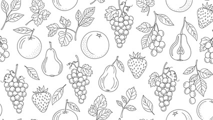Black and white fruit illustrations with leaves