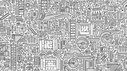 Black and white illustration of various mechanical objects and tools