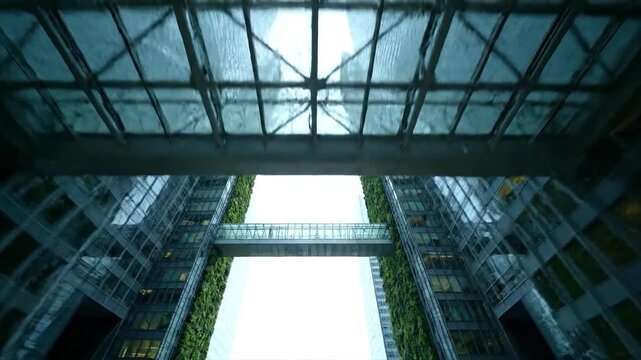 Modern Architectural Wonder A Skybridge Connects Two Green Buildings Under a Glass Canopy