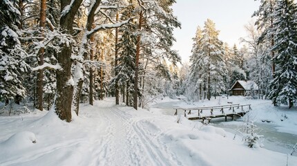 Fototapeta premium Snowy forest path with a bridge and cabin.