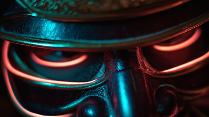 Neon samurai mask closeup