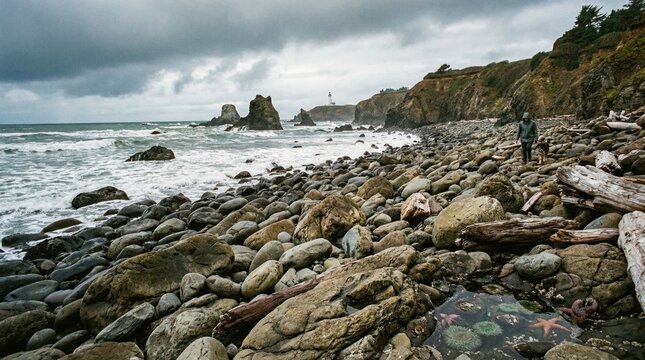 Rocky coastline with crashing waves and a distant lighthouse. - Powered by Adobe