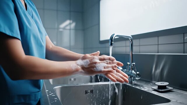 Healthcare Worker Washing Hands in Modern Kitchen.