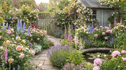 Obraz premium Lush garden path leading to a flower-covered cottage.