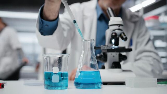 Elderly chemical engineer pipetting blue liquid into test tube to analyze it. Senior microbiologist transferring chemical sample to prepare for immediate spectroscopic analysis, camera B