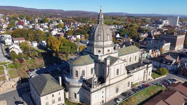 PENNSYLVANIA - 11.10.2025 - Stunning aerial footage starting to circle clockwise around Pennsylvania's Cathedral of the Blessed Sacrament.