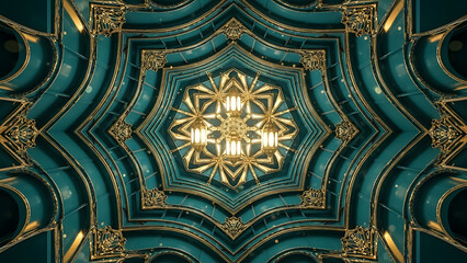 Ornate Art Deco Ceiling with Elegant Chandelier in a Grand Interior
