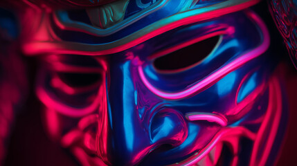 Neon samurai mask closeup