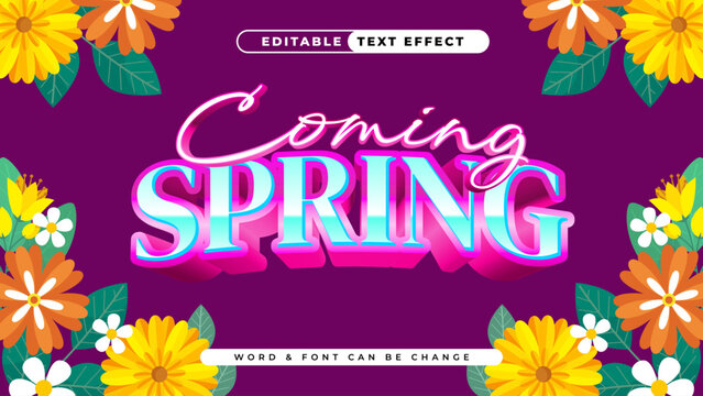 Bright and beautiful coming spring floral text effect with flowers and leaves on a purple background