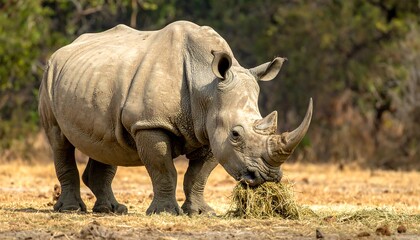 Obraz premium A large, grey rhinoceros grazes on dry grass, its massive horn prominent, in a sunlit natural environment with blurred foliage