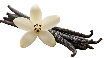 Vanilla Pods and a White Vanilla Flower Isolated on a White Background for Culinary Use