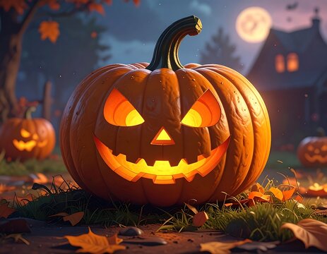 A large, grinning pumpkin sits illuminated at dusk. Other carved pumpkins dot the yard, lit up in a spooky scene with a house and full moon