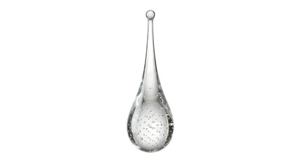 A single clear tear-shaped glass ornament with tiny bubbles inside, isolated on a white background