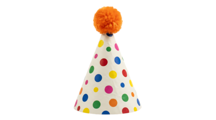 Vibrant Polka Dot Party Hat with Fluffy Orange Pom-Pom, Perfect for Festive Celebrations and Joyful Events